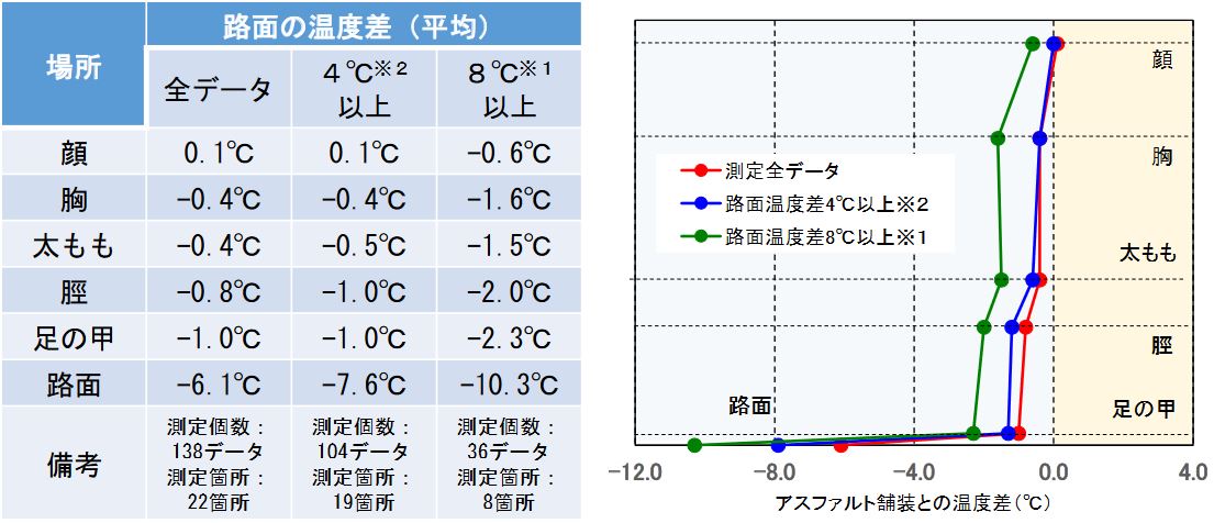 遮熱性舗装と通常のアスファルト舗装上に人が立って身体の表面温度（サーモグラフィ）を比較測定した結果